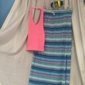 VENUS Pink Halter Crop Top with Blue Multi-Pattern Maxi Skirt